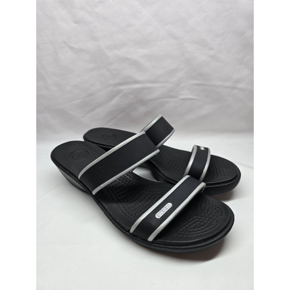 Crocs Madeira Sandals Womens Sz 7 Black Gray Double Strap Wedge Rubber Comfort - Picture 2 of 10